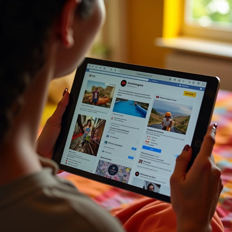 Mulher escolhendo plataformas de redes sociais e formatos de conteúdo em tablet.