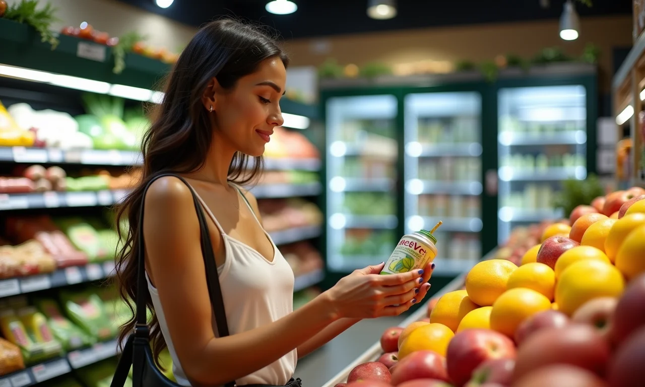 Mulher escolhendo produto eco-friendly em supermercado.