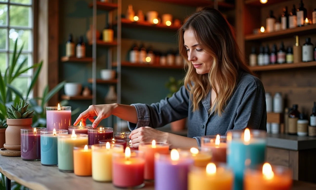 Mulher escolhendo velas coloridas e óleos essenciais em uma loja esotérica aconchegante.