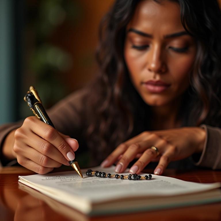 Mulher escrevendo descrição detalhada de um rosário para ecommerce.