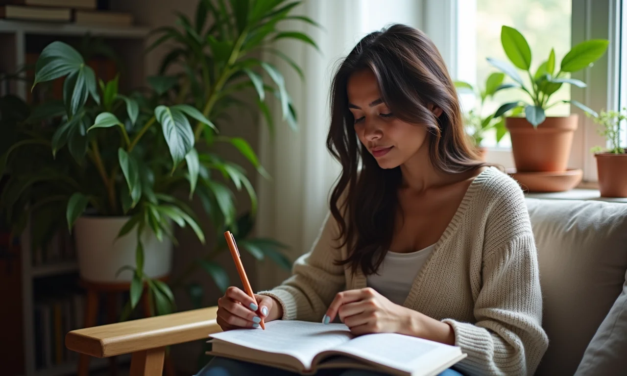Mulher escrevendo em diário em ambiente aconchegante.