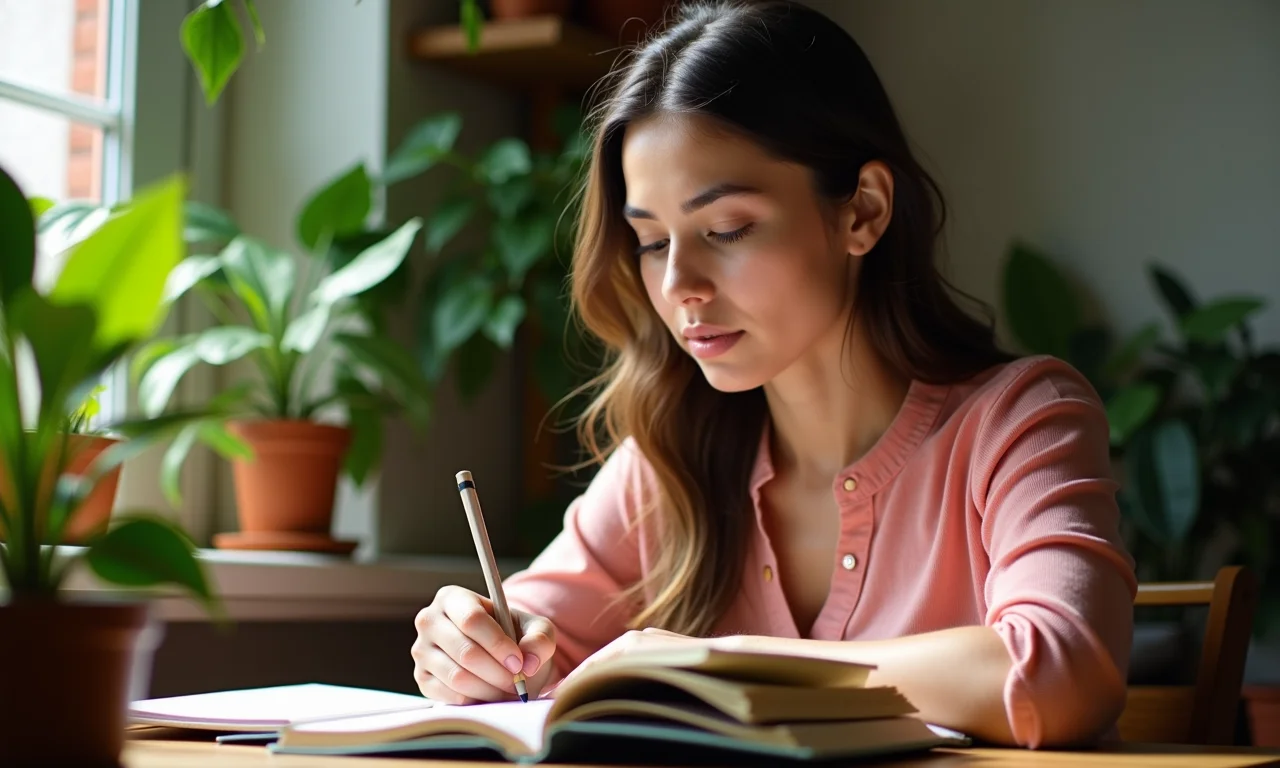 Mulher escrevendo em diário em apartamento ensolarado, refletindo sobre si mesma.