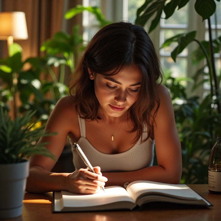 O Diário de Decisões: A Ferramenta Para Aprender com Seus Acertos e Erros Mulher escrevendo em diário em casa ensolarada, cercada de plantas.