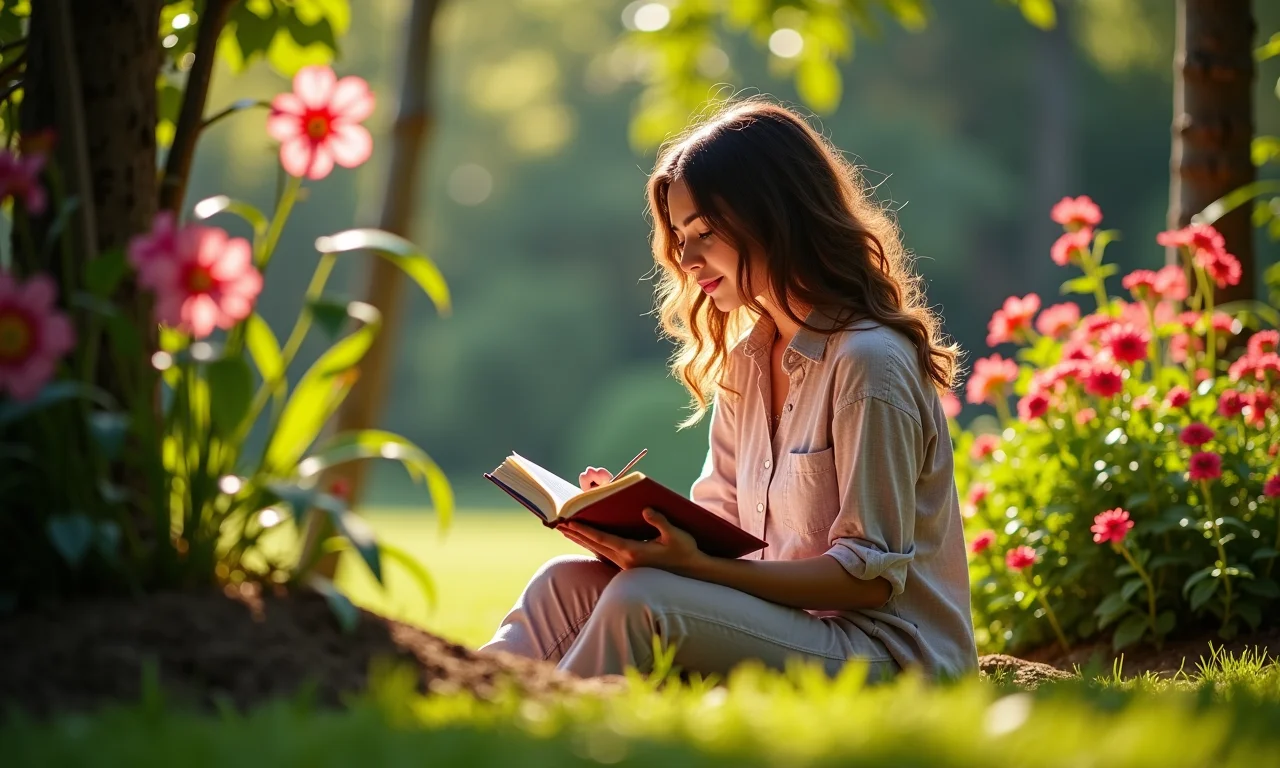 Mulher escrevendo em diário em jardim brasileiro ensolarado, fortalecendo a autoestima.