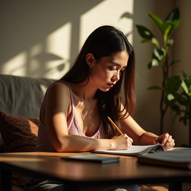 Mulher escrevendo em diário, refletindo sobre experiências passadas.