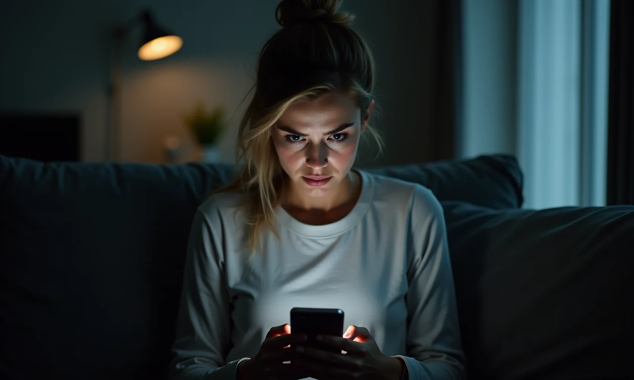 Mulher estressada olhando redes sociais, representando impactos da pressão social na saúde mental.