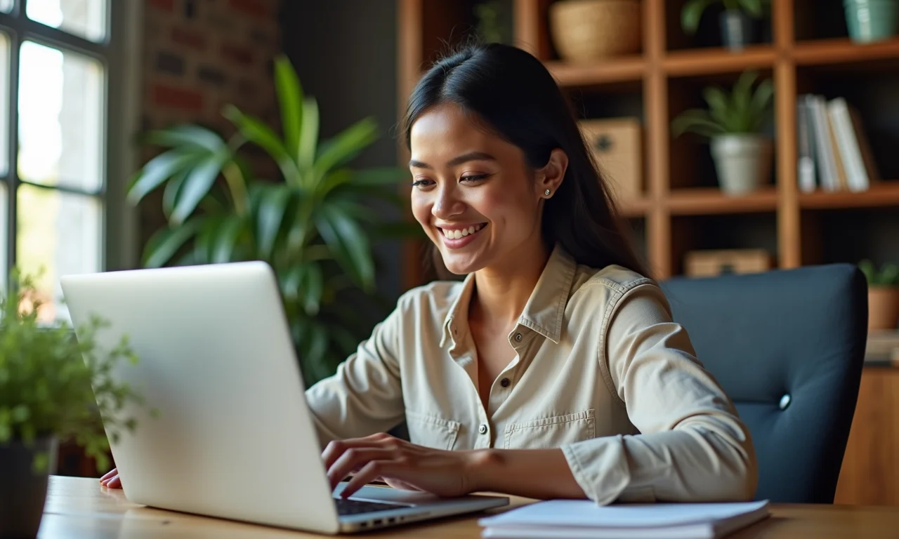Mulher gerencia loja online em múltiplos marketplaces.