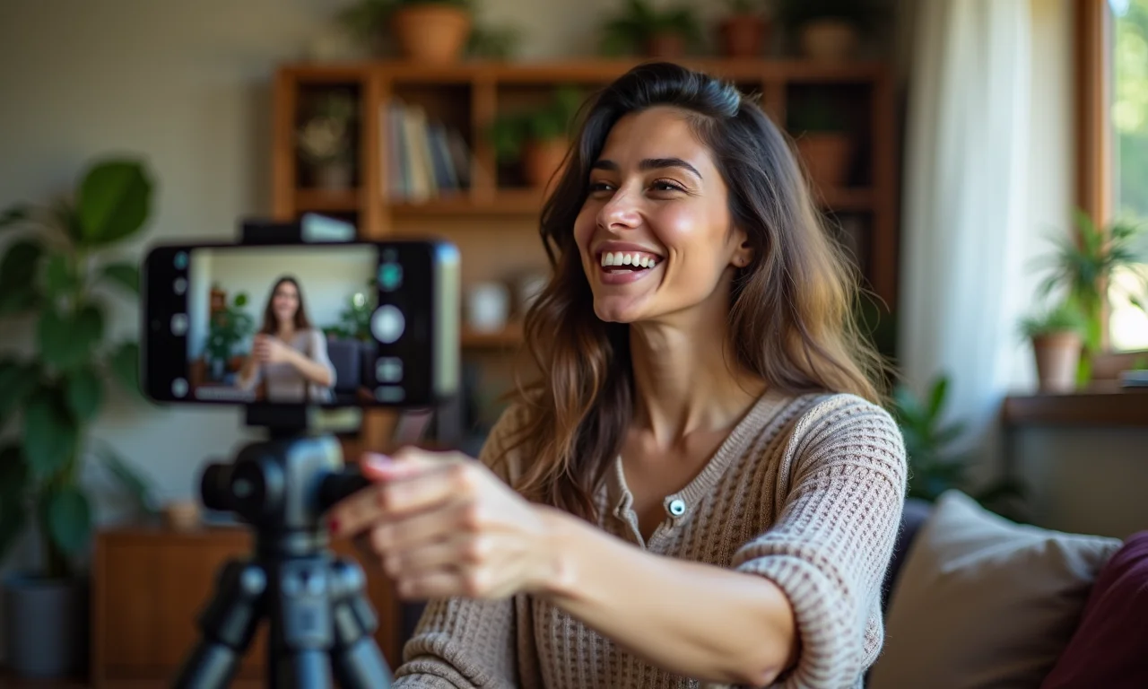 Mulher gravando review em vídeo de um produto em casa, com decoração brasileira autêntica.