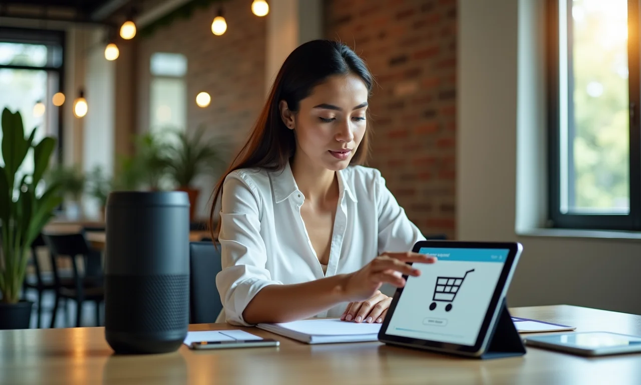 Mulher interagindo com assistente de voz para compras online.