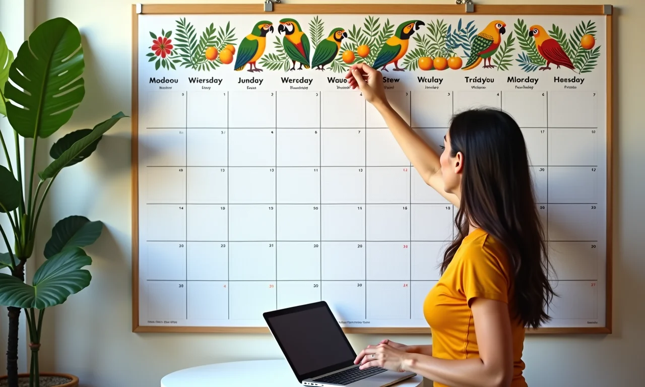 Mulher marcando datas sazonais em um calendário de parede.