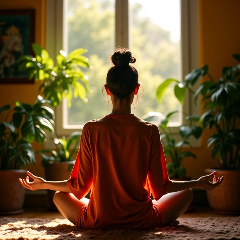 Pressão Constante Por Resultados? Use a Resiliência Para Não Quebrar Mulher meditando em casa brasileira ensolarada, resiliente à pressão.
