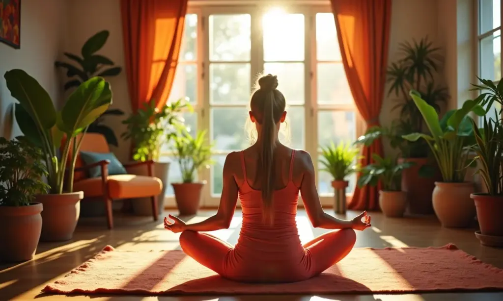 Como Usar o Poder do Seu Subconsciente Para Alcançar Metas Ousadas Mulher meditando em sala ensolarada, visualizando seus objetivos.