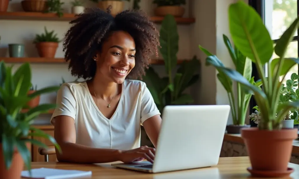 Curiosidades Comportamento do Consumidor Online O Que Mudou Mulher navegando em laptop em casa decorada em estilo brasileiro.