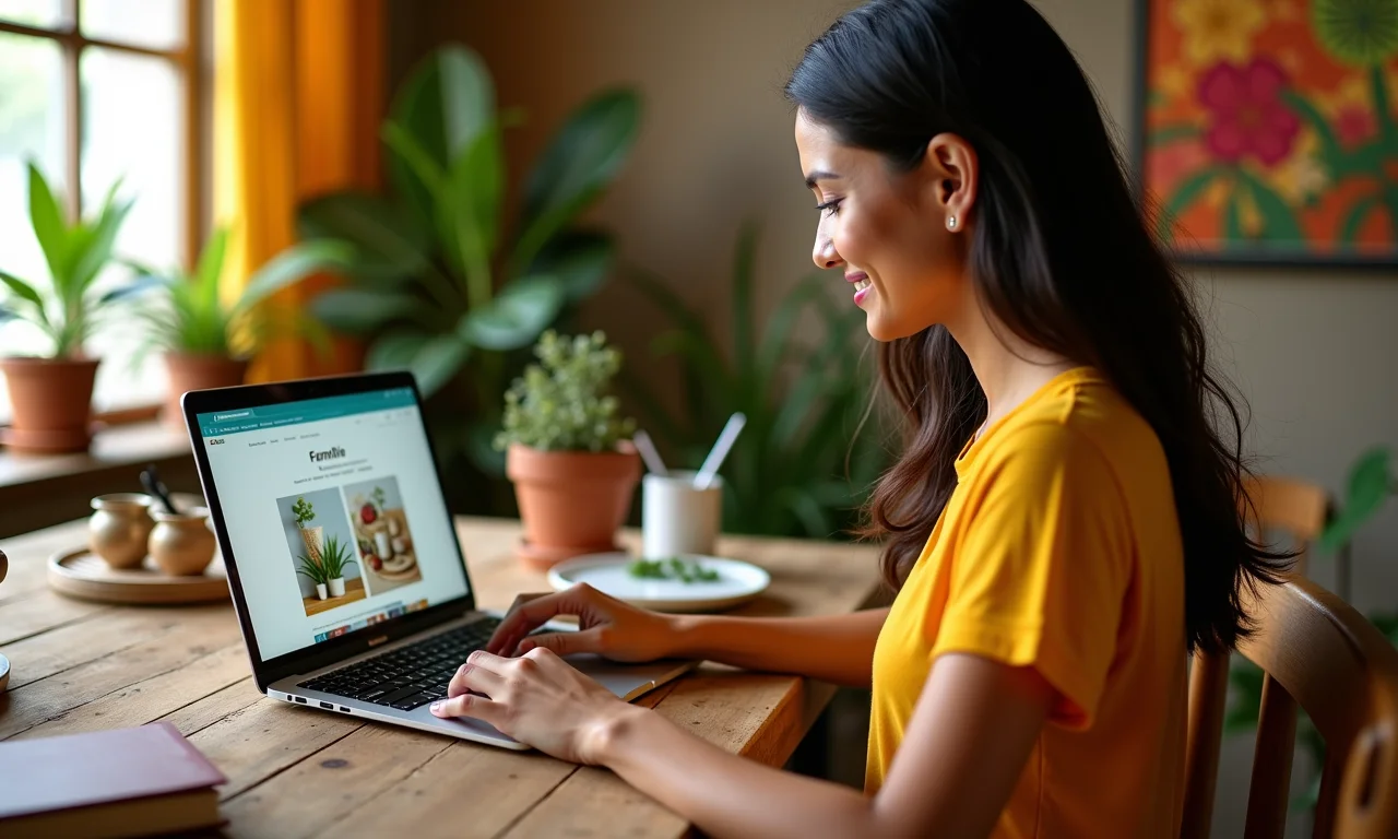 Mulher navegando em site de ecommerce de aromaterapia com design atraente e funcional.