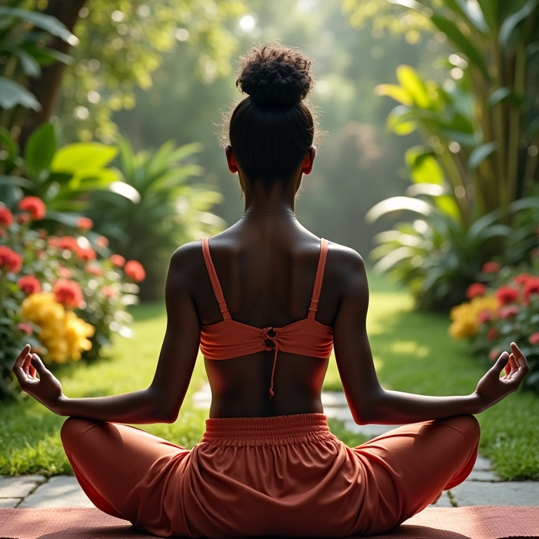 Mulher negra meditando em um jardim exuberante no Brasil.