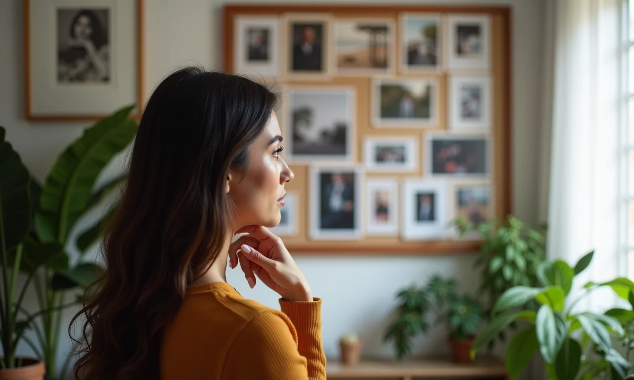 Mulher olhando para um quadro de visualização cheio de metas.