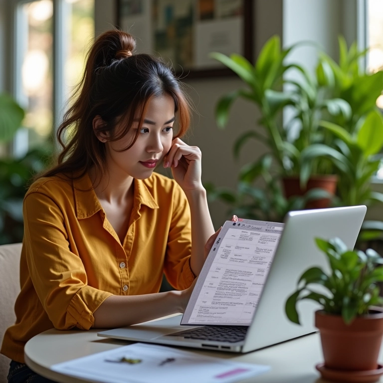 Mulher organizando ideias e cronograma de redes sociais em laptop.