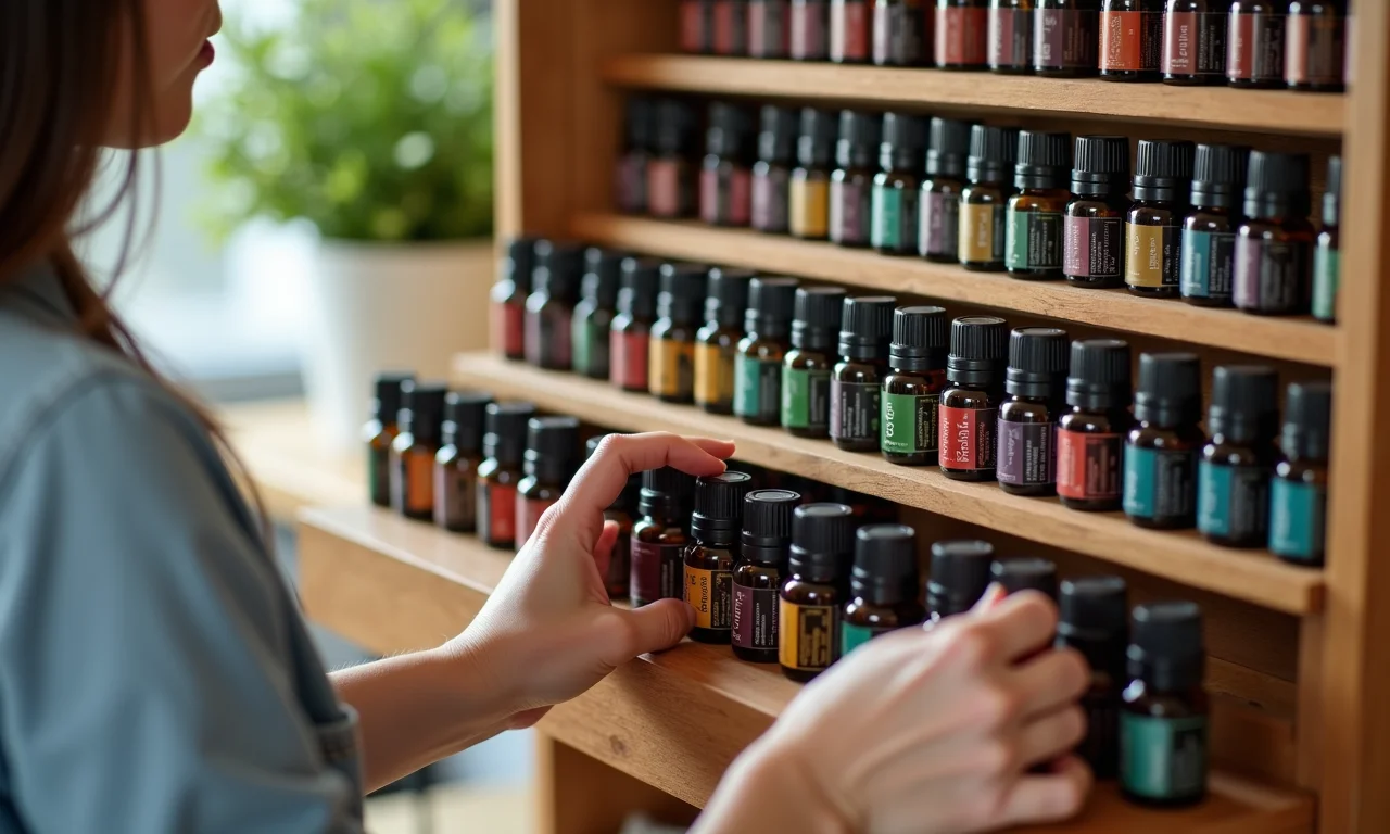 Mulher organizando óleos essenciais em display de madeira, destacando a qualidade dos produtos.