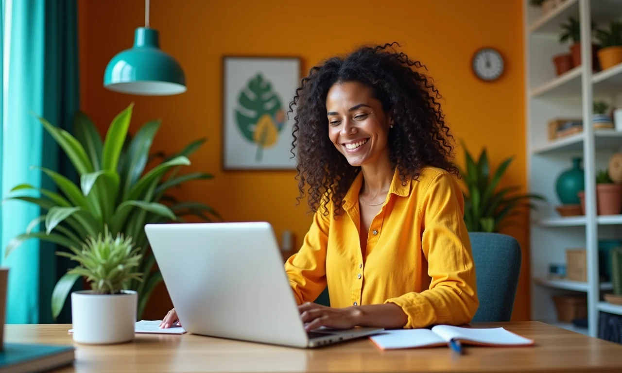 Mulher otimizando e-commerce para mobile em escritório vibrante com design brasileiro.