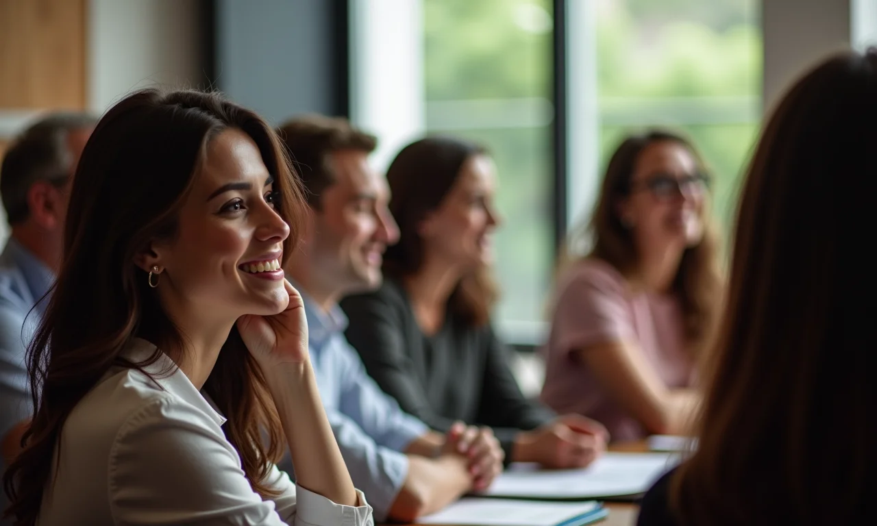 Mulher participando ativamente de workshop sobre inteligência emocional em São Paulo, interagindo com participantes diversos.