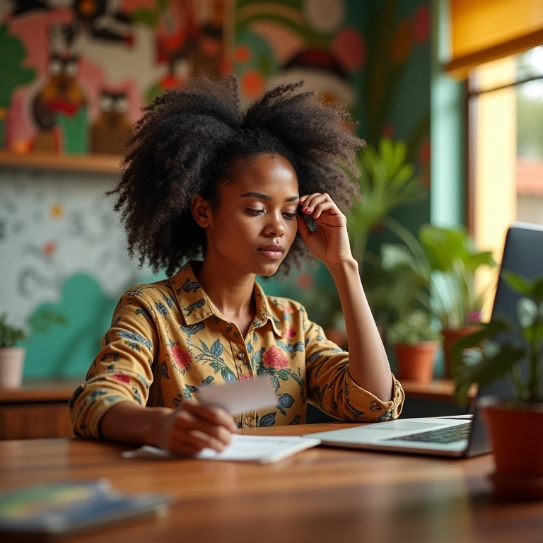 Mulher percebendo um problema ao analisar feedback de clientes em escritório vibrante.
