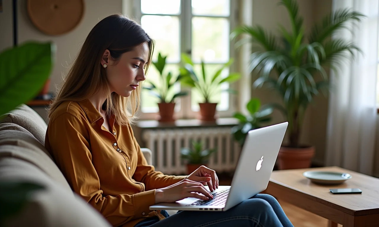 Mulher pesquisando avaliações de produtos online antes de comprar.