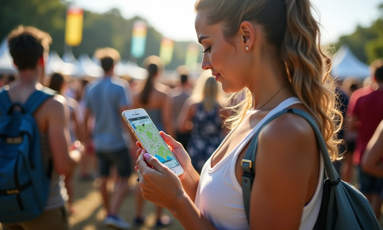 Mulher planejando a rota no mapa do festival no celular.