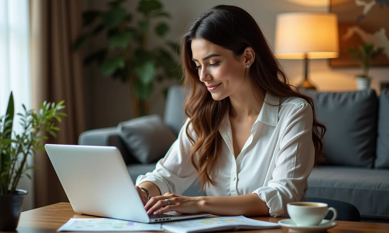 Mulher planejando viagem de negócios para São Paulo em apartamento aconchegante.