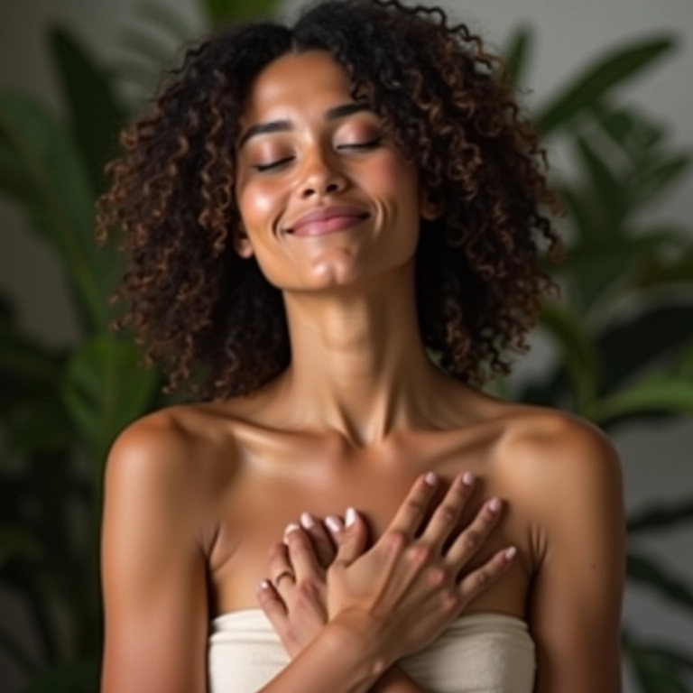 Mulher praticando autocompaixão em ambiente aconchegante.