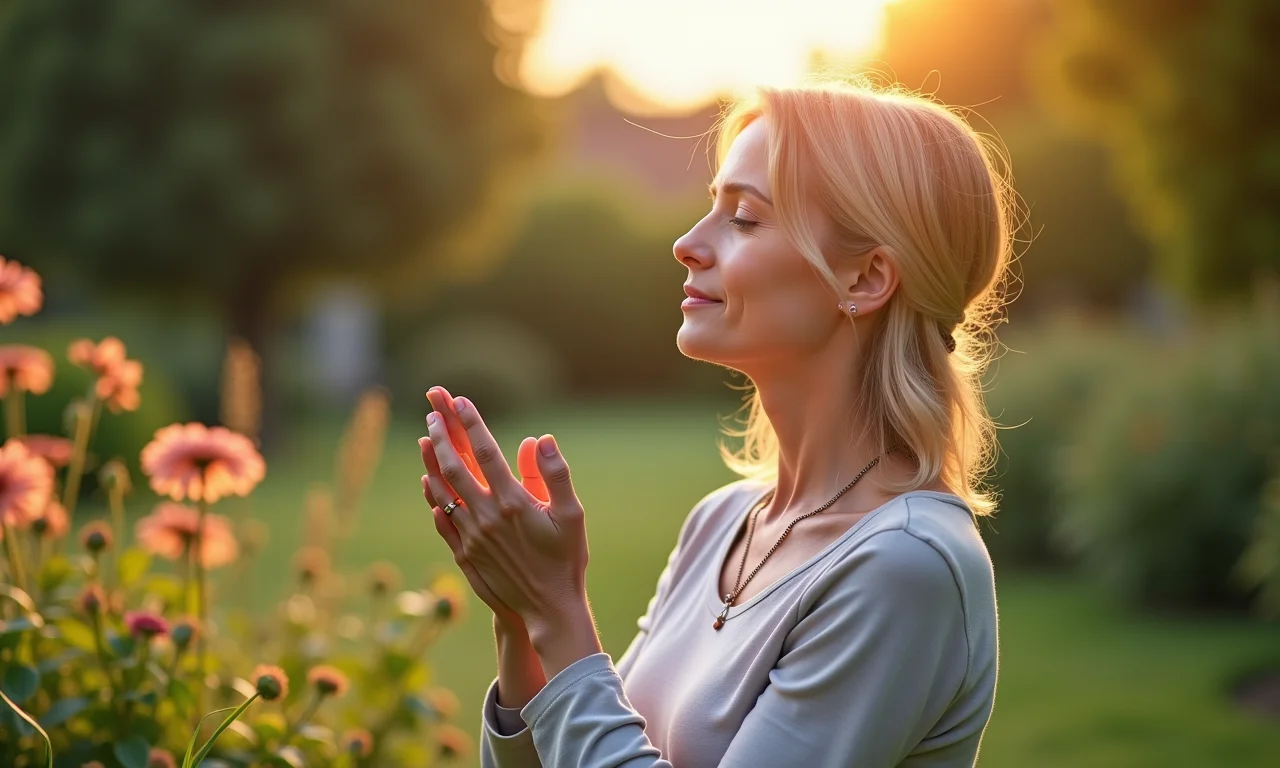 Mulher praticando autoconhecimento em um jardim, representando a importância de cuidar de si.