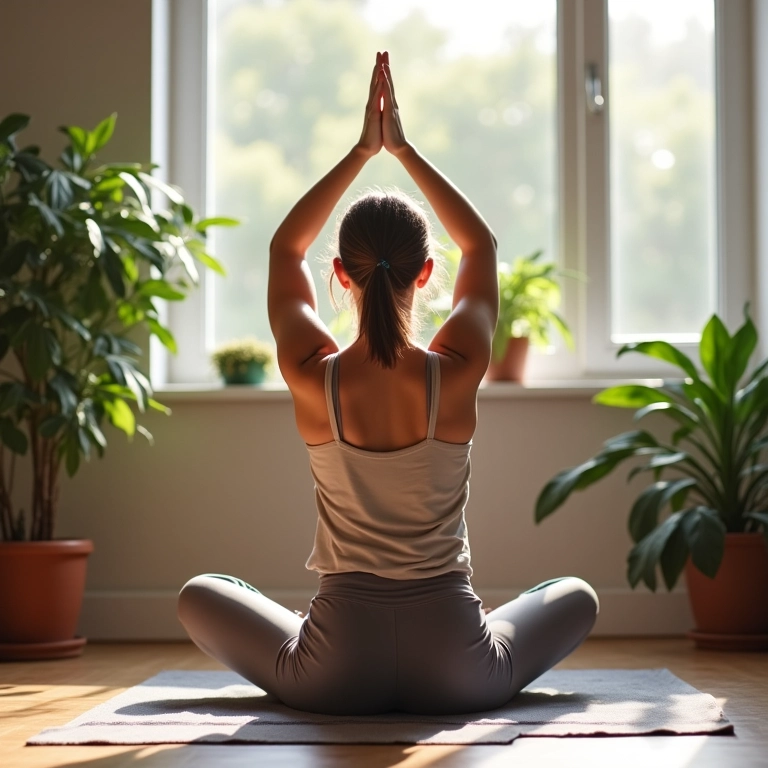 Mulher praticando yoga, cuidando da saúde mental e física.