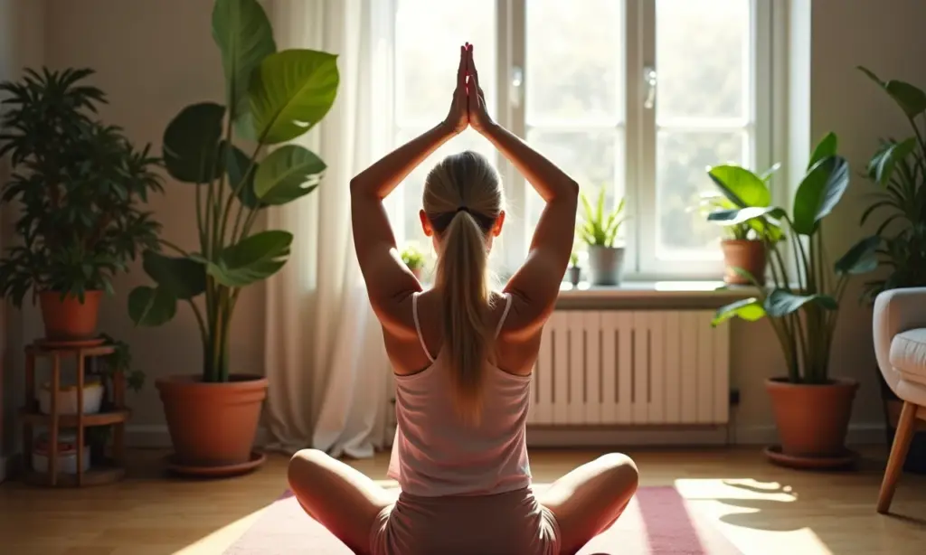Por que não existem atalhos para construir uma resiliência duradoura Mulher praticando yoga em apartamento ensolarado, simbolizando resiliência.