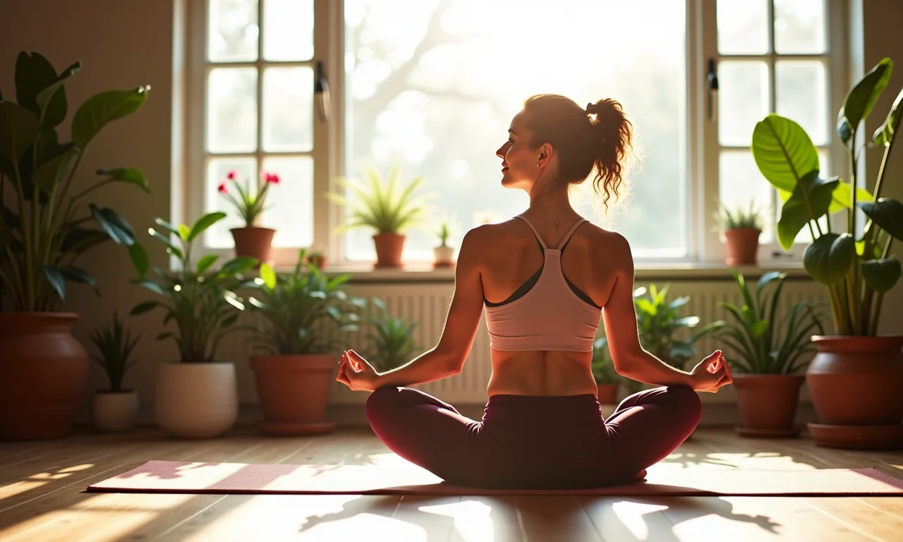 Mulher praticando yoga em sala ensolarada com plantas, cuidando da saúde mental.