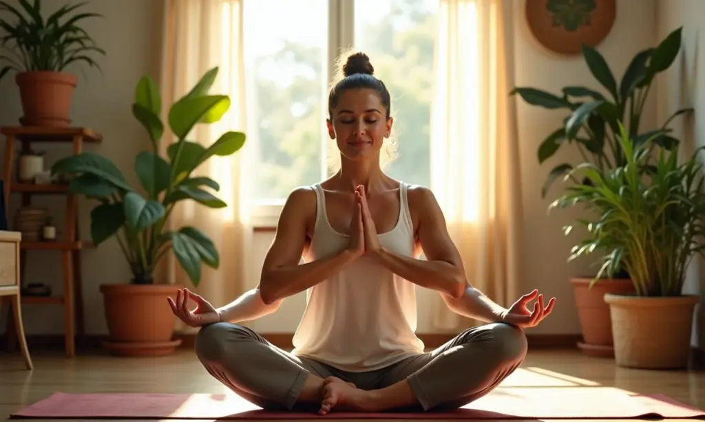 O Impacto Surpreendente da Resiliência na Sua Saúde Física Mulher praticando yoga em sala iluminada, representando resiliência e saúde.