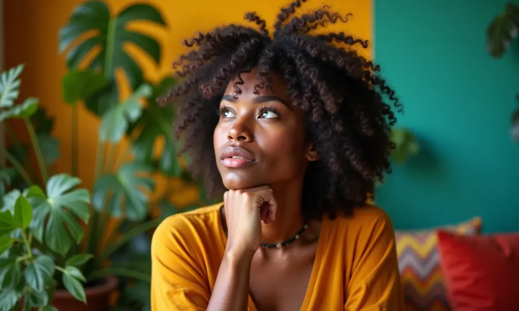 A Pressão Social Bateu? Um Guia de Resiliência Para Suas Escolhas de Vida Mulher reflexiva em apartamento vibrante, estilo brasileiro, representando resiliência e escolhas de vida.