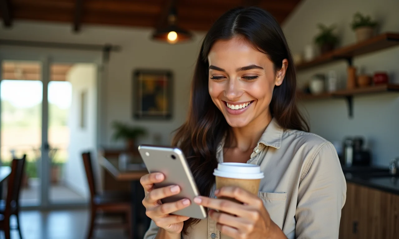 Mulher respondendo pesquisa de satisfação via SMS.