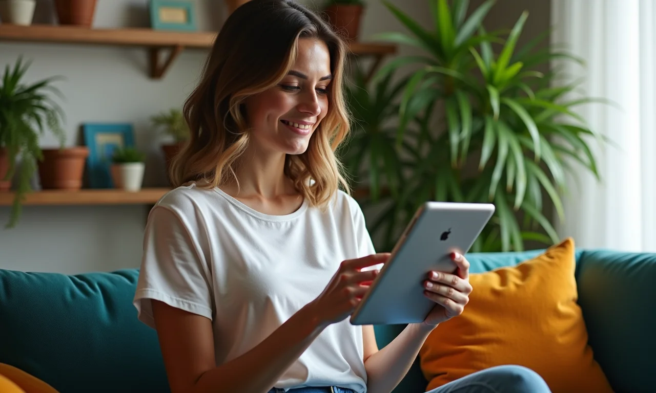 Mulher revisa política de privacidade em tablet em apartamento brasileiro.