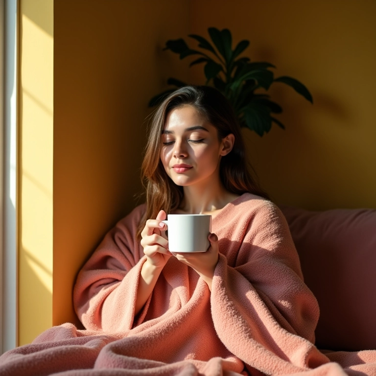Mulher se reconfortando com bebida quente e manta, autocompaixão.