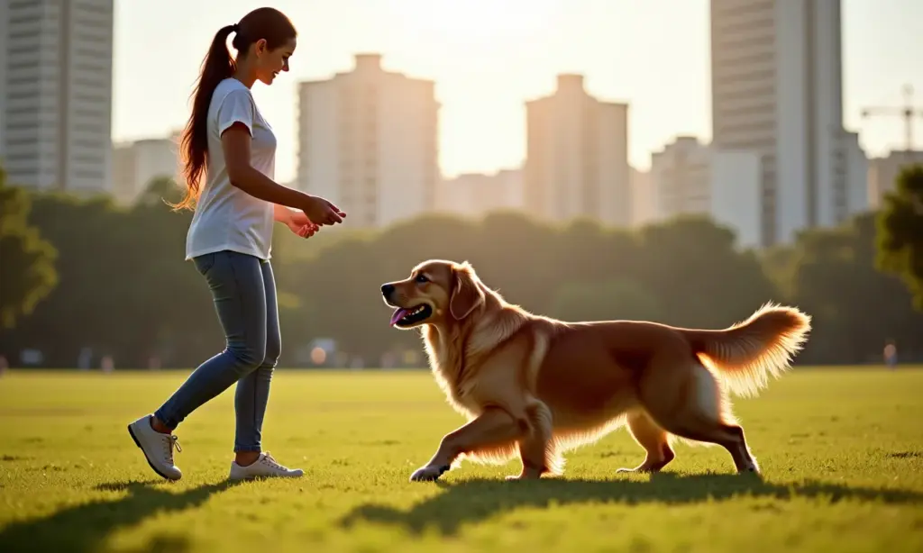 Mulher sorrindo adestrando golden retriever em parque ensolarado de SP.