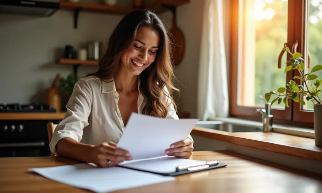 Mulher sorrindo ao revisar documentos de aposentadoria em casa.
