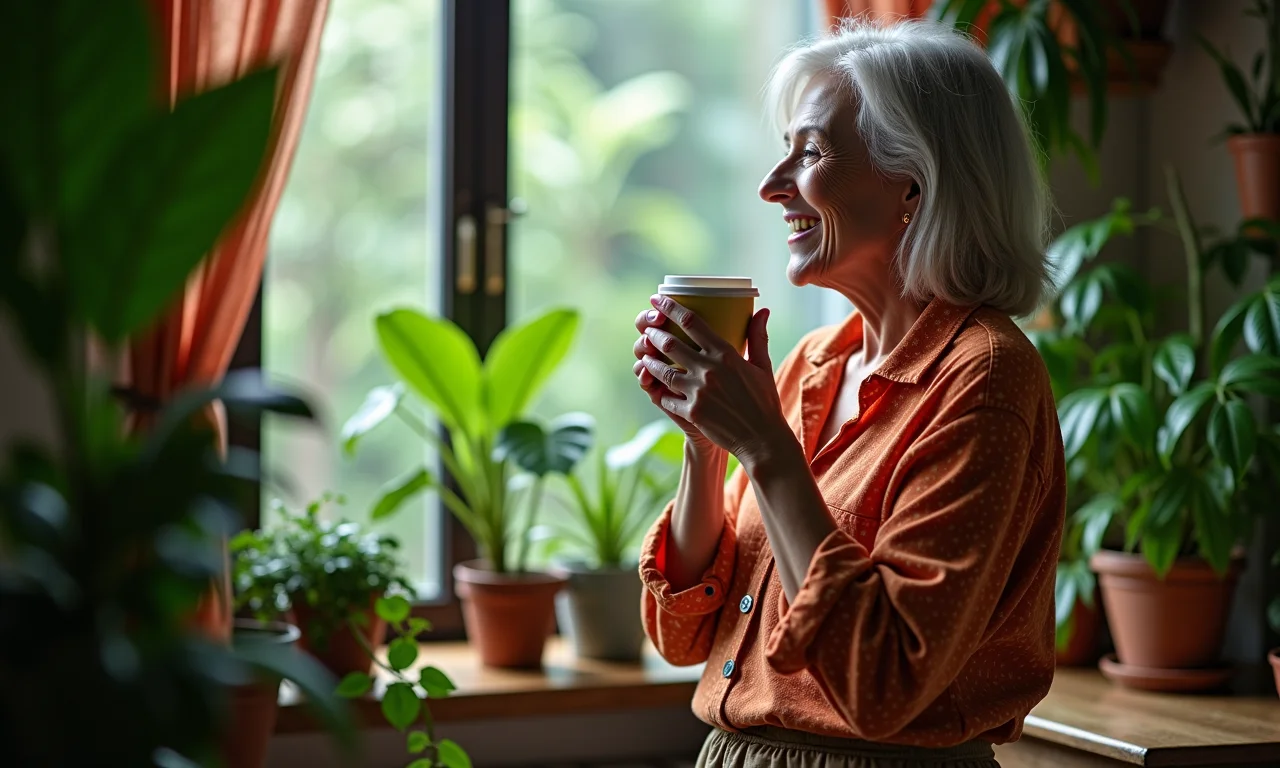 Mulher sorrindo em dia chuvoso, aceitando a situação com positividade.