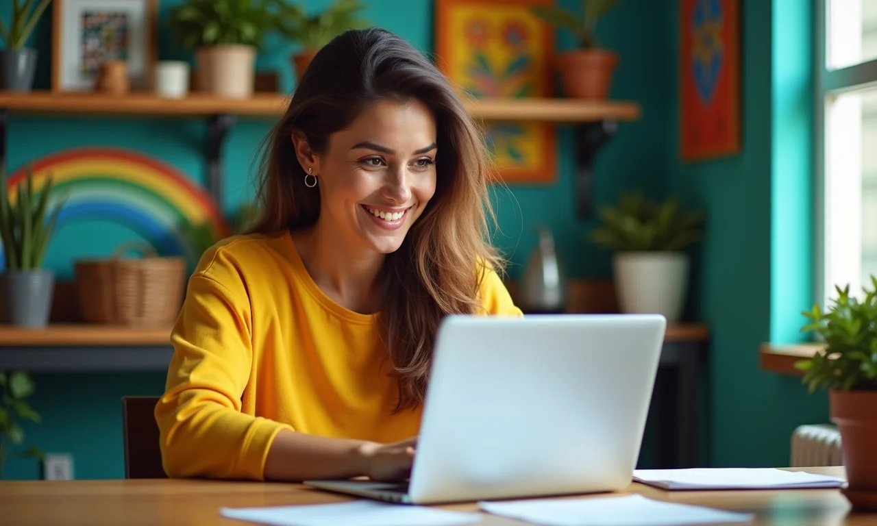 Mulher sorrindo usando o Google Merchant Center em um escritório vibrante.