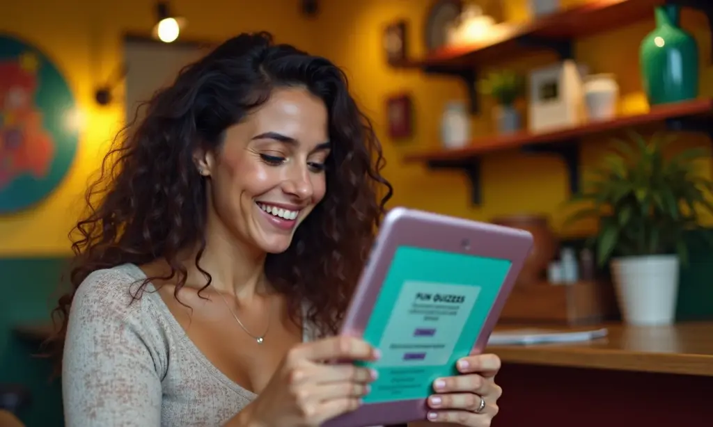 Quizzes Divertidos Para Aumentar o Engajamento Social Com IA Mulher sorrindo usando tablet com quiz interativo em ambiente decorado com cores vibrantes.