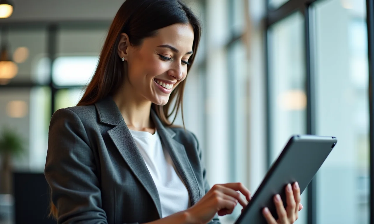Mulher sorrindo usando tablet, site de e-commerce com selos de segurança e política de privacidade.