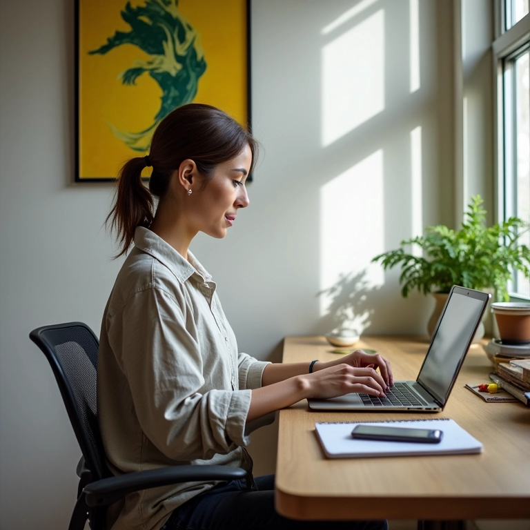 Mulher trabalhando em home office ergonômico em São Paulo, com arte brasileira.