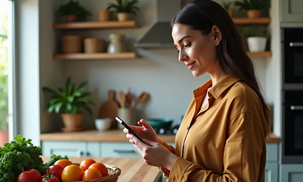 Categorias Otimizadas Para Facilitar Compras por Voz Com IA Mulher usando assistente de voz para comprar mantimentos na cozinha.