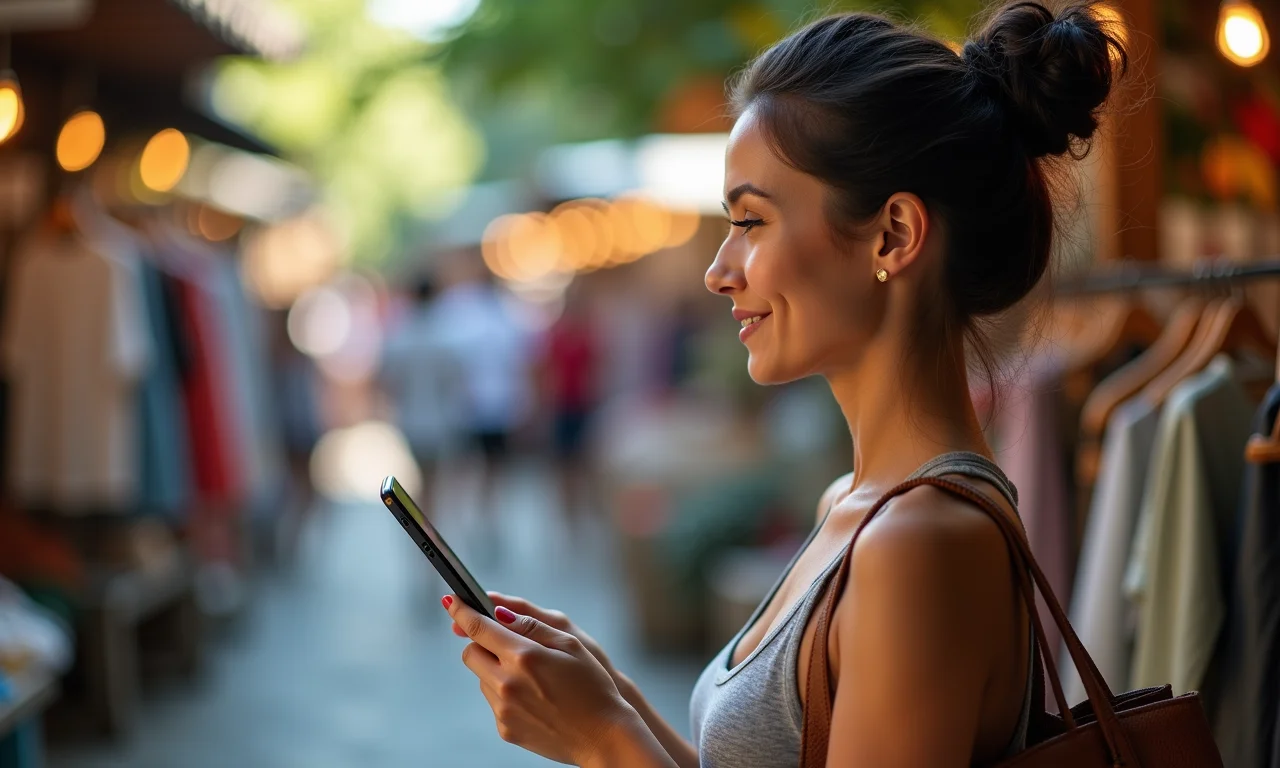 Mulher usando chatbot de IA para compras no Brasil.