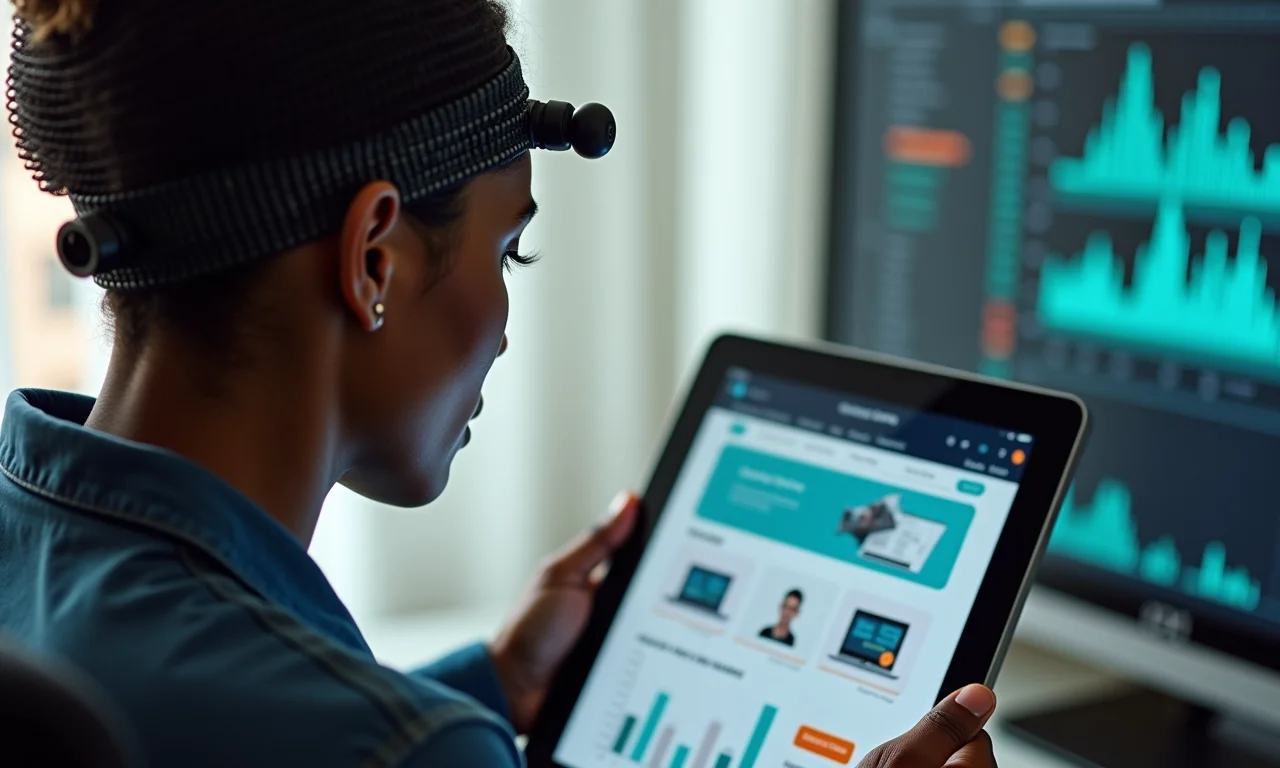 Mulher usando EEG para analisar resposta cerebral a um e-commerce.
