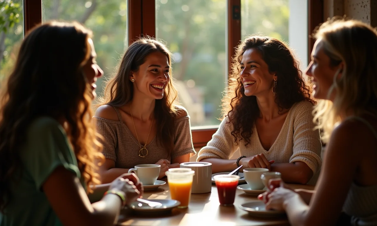 Mulheres diversas em café brasileiro discutindo expectativas sociais sobre casamento e maternidade.