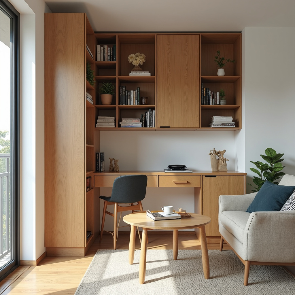 Optimizing space in a compact apartment, multifunctional furniture, vertical storage, bright Otimizando espaço em apartamento compacto com móveis multifuncionais.